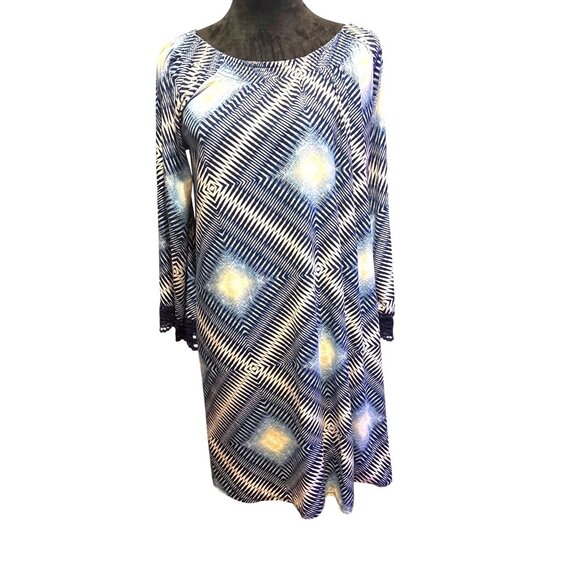 Geometric Print Tunic Dress XL Crochet Trim Flare Sleeveless Flowy Beach Comfort - Picture 1 of 8